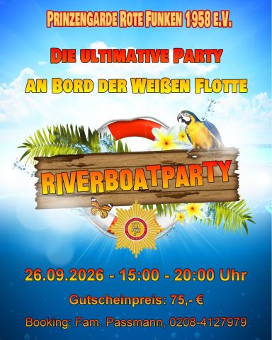 Bunte Einladung zur Riverboatparty am 26.09.2026 auf der Weißen Flotte.